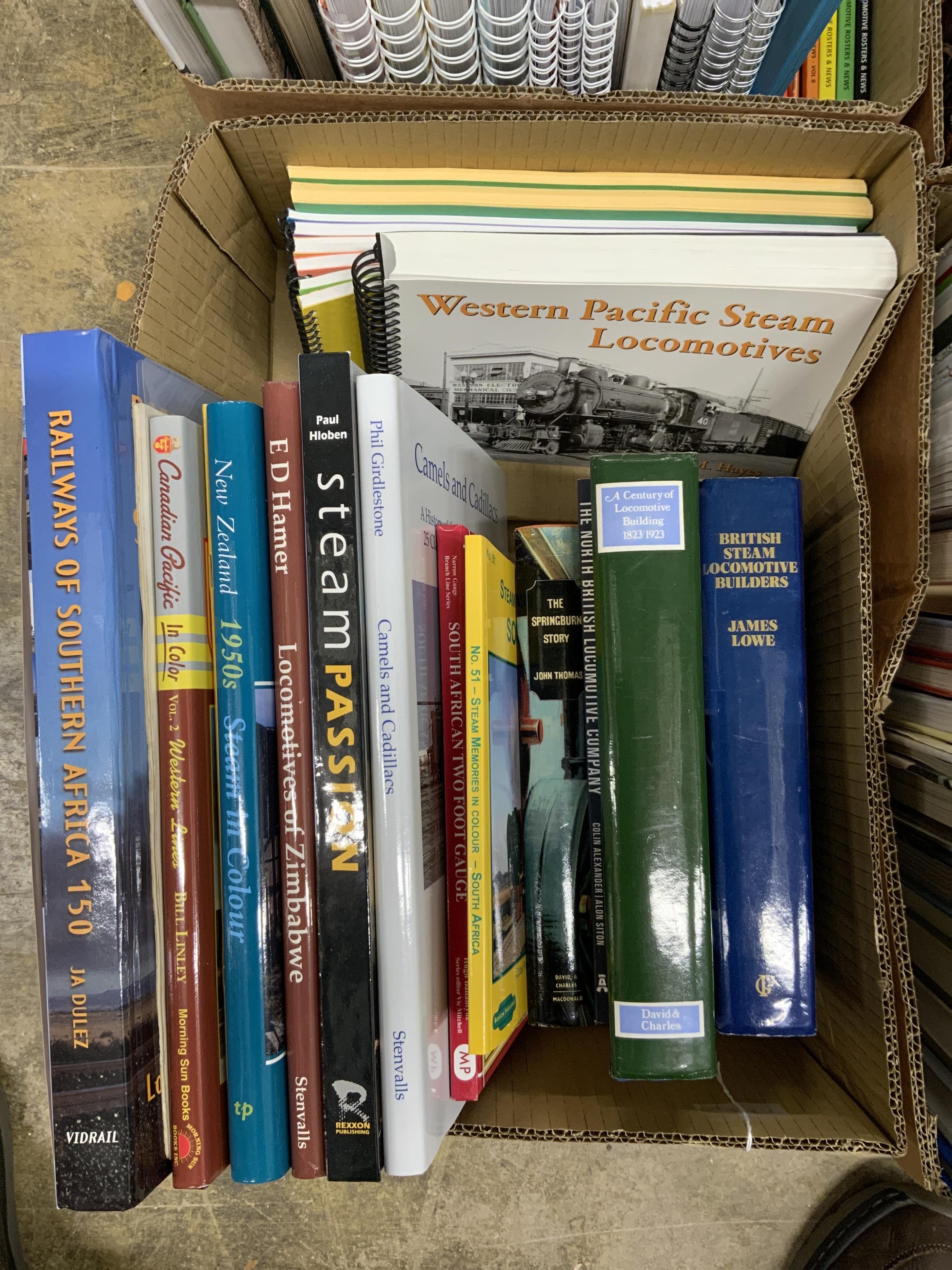 Eight boxes of railway related books, subjects include; the Great Western Railway, industrial locomotives, North British Railway, the Ffestiniog Railway, etc. publishers include; Oakwood Press, Pen & Sword, Ian Allan, Da